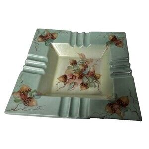 Vintage Ashtray With Acorns On A Vine  Square Porcelain/ Ceramic Green And Pink